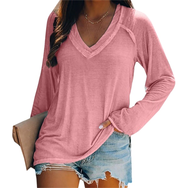 Women Winter Long Sleeve V Neck Casual Loose Tunic Solid T-shirt Pink 3xl