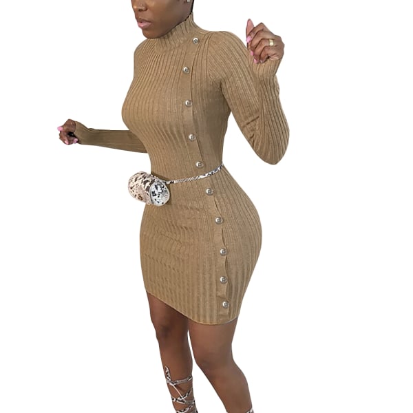 Womens Knitted Bodycon Sweater Mini Dress Long Sleeve Ribbed Khaki M
