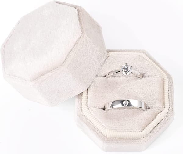 Fløyelsringboks, åttekantet nydelig vintage dobbel smykke ring gaveeske med avtakbart lokk for frieri, forlovelse, bryllupsseremoni (beige)