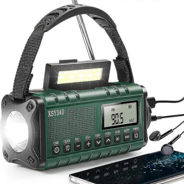 Bærbar FM Radio grøn, 5000mAh Solcelle Radio, USB Oplader Solcelle Radio med Nød SOS Alarm, Lommelygte og Læselampe