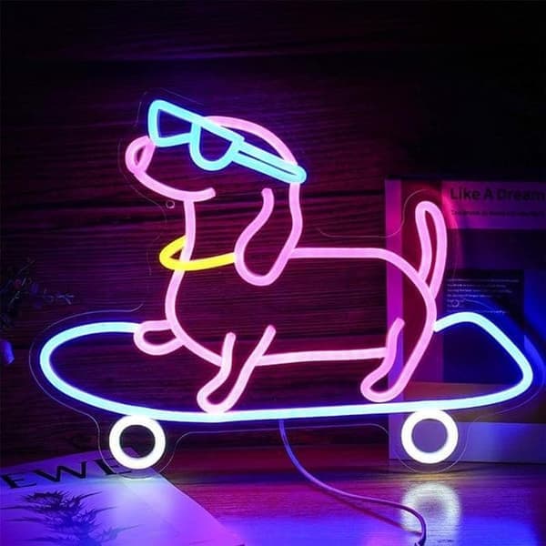 Hund på skateboard neonskilt LED neonlys veggdekor belysning nattlampe for soverom dyrebutikk bar festdekor