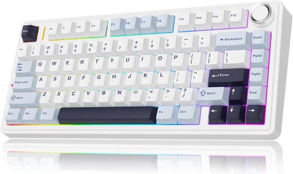 Aula F75 PRO 75 % mekaaninen mukautettu kermainen näppäimistö, BT5.0/USB-C/2,4 GHz langaton pelinäppäimistö, tiivisterakenne, nuppi, RGB, (valkoinen-s