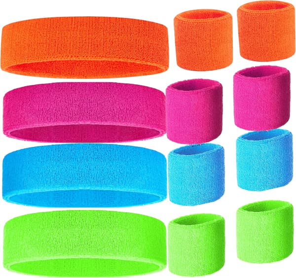 80-tals Svettbands, Sport Huvudband och Armband, Svettbands 80-tal Neon Färger, 80-tals Fest, Svettbands för Kvinnor, Färgglatt Svettbands Set