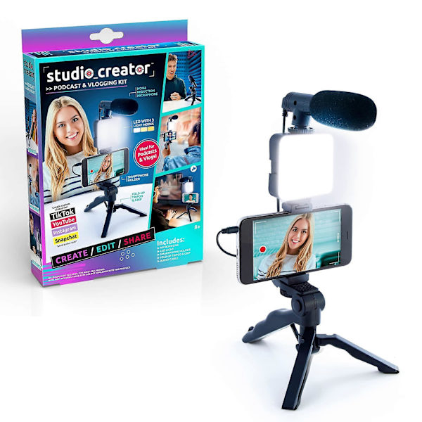 Studio Creator Podcast Vlogging Kit med Mikrofon, Stativ och Belysning för Innehållsskapande i Influencer-Stil
