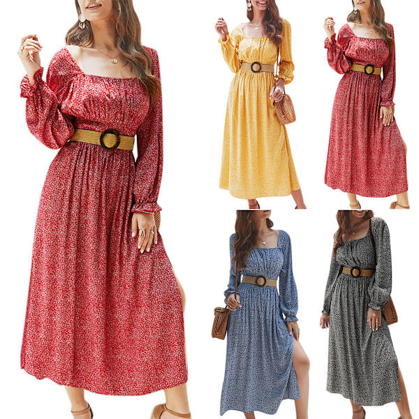 Kop U Neck Belts Long Sleeve Fashionable Long Dress Women Blue L Fyndiq