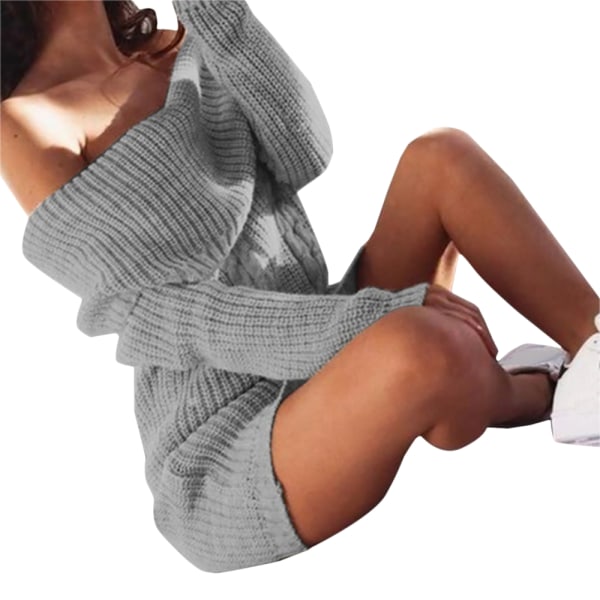 Women Off Shoulder Knitted Jumper Mini Dress Casual Sweater Pull Gray Xl