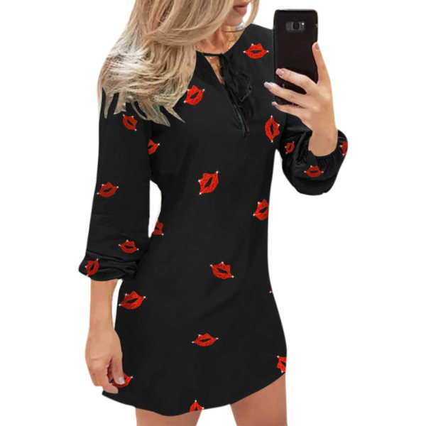 Womens Long Sleeve Dress Bodycon Casual Ladies Slim Fit Party Red Lip Print S