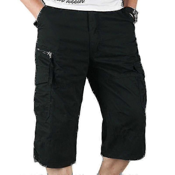 Men's 3/4 Long Elastic Waist Cargo Combat Three-Quarter Pants Black