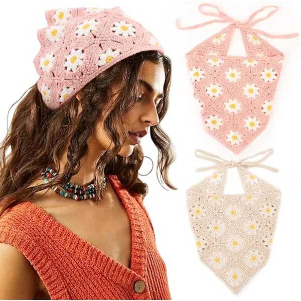 (pow yeah!) Virkad hårbandana vintage knuten huvudduk jordgubbsmönstrad pannband stickad huvudduk för kvinnor f färg.sv-SE: 2 st Daisy (Beige+rosa)