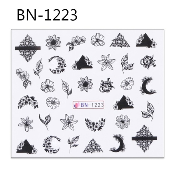 Nail Stickers Black White Flowers Green Leaves Bn-1223