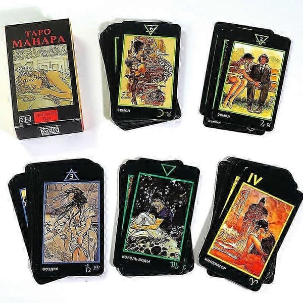 [LLC] Manara Tarot -pakka, jossa 78 korttia ja opaskirja venäjäksi, koko 10,3x6cm, on lautapelien harrastajien ehdoton hankinta.