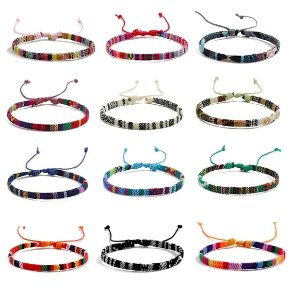 12-delt strandarmbåndssæt, unisex, surfingarmbånd, vævede boheme-stil sommerarmbånd, justerbare armbånd (herreversion).