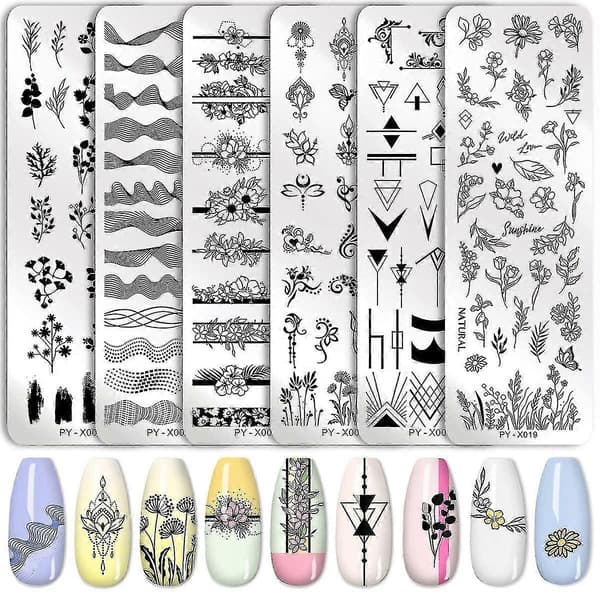 6 stk. Stemplingsplader Neglekunst Sæt Blomst Minimalistisk Geometriske Linjer Blade Mønster Tema Billede DIY Neglekunst Stempelplade Stempler