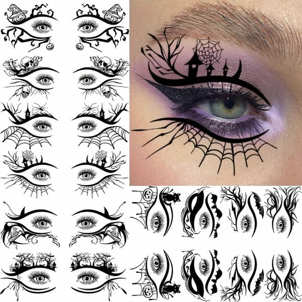 Halloween hekseøye sminke midlertidige tatoveringer, 10 stykker realistiske falske øye-tatoveringsklistremerker, egnet for rollespill og fester