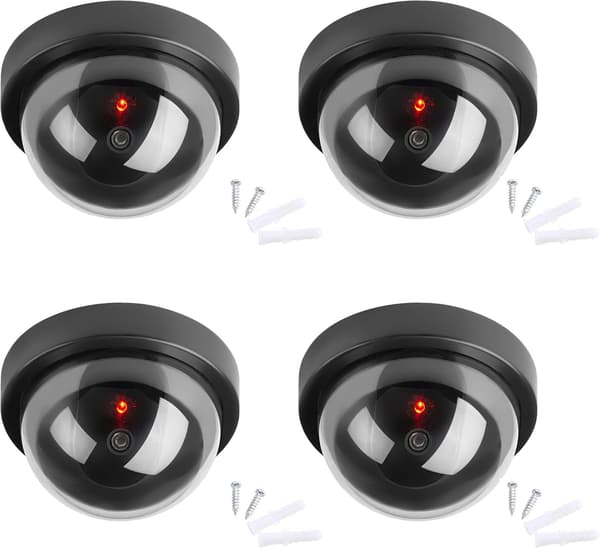 Dummy-kamerat, turvakamera-mallinukkukamera LED-vilkkuvalolla yrityksille, myymälöille, kodeille, väärennetty valvontakamera (4 kpl)