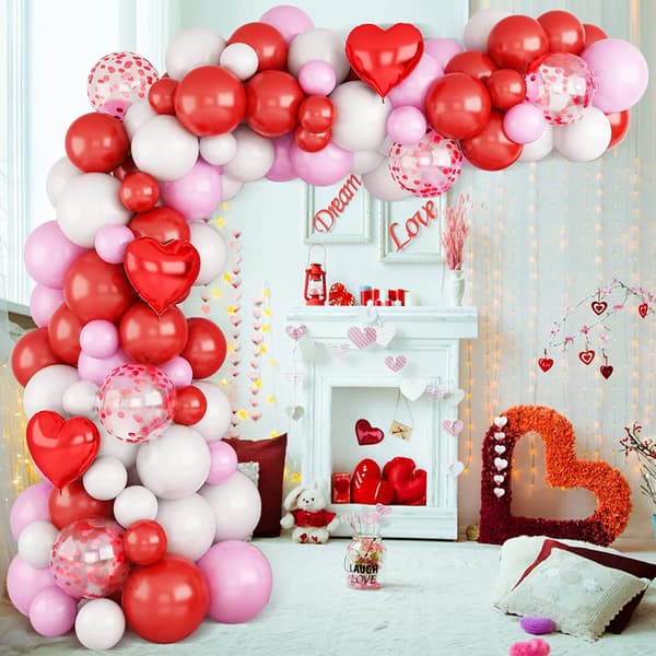 Ballonbue til Valentinsdag - Dekorationsbue med røde, hvide og lyserøde balloner - Dekorationer til Valentinsdagsfest - Røde hjerteballoner - Røde kon