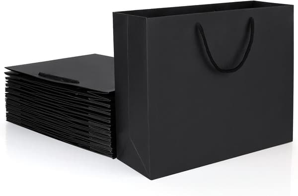 20 kpl Paperikassit kahvoilla, 32 x 11 x 25 cm Mustat suuret paperiset juhlakassit, uudelleenkäytettävät voimapaperikassit