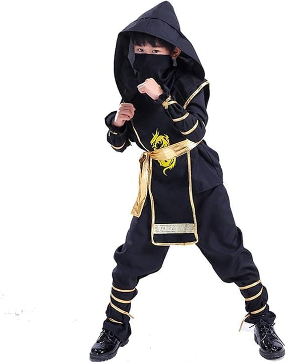 Ninja-tyttö-poika Cosplay Anime Ninja-asu Lapsi Lohikäärme Musta Kulta Hupullinen Naamio