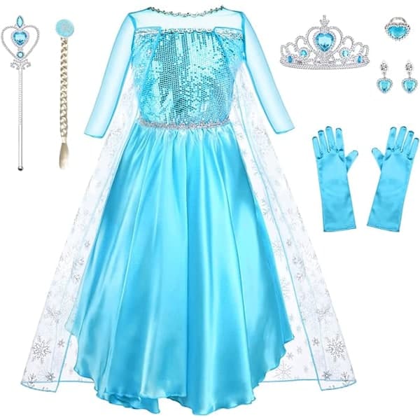 Kostyme for jenter, 9 deler, ELSA-kjole for barn med krone, tiara, hansker og tryllestav til jul, maskerade, karneval, Halloween, bursdagsfest