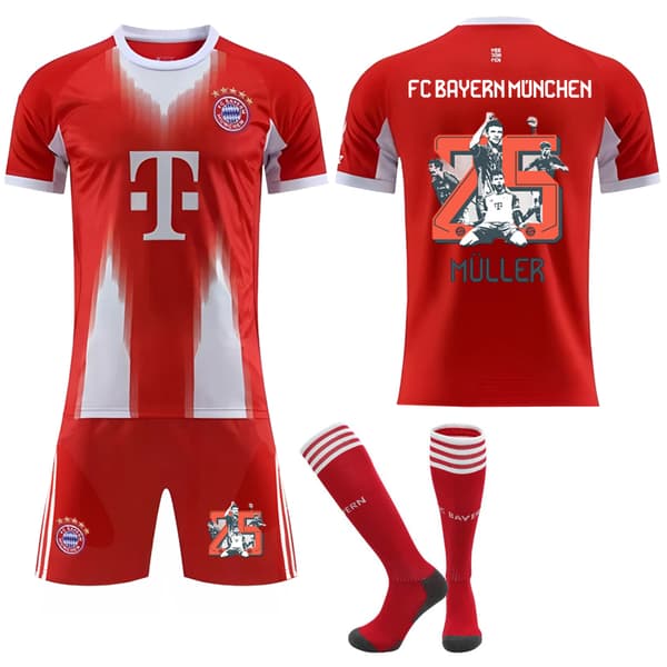 25-26 FC Bayern München Avskjedsminneutgave Hjemme NO.25 MULLER Drakter Sett Barn Voksen Fotballutstyr med Sokker