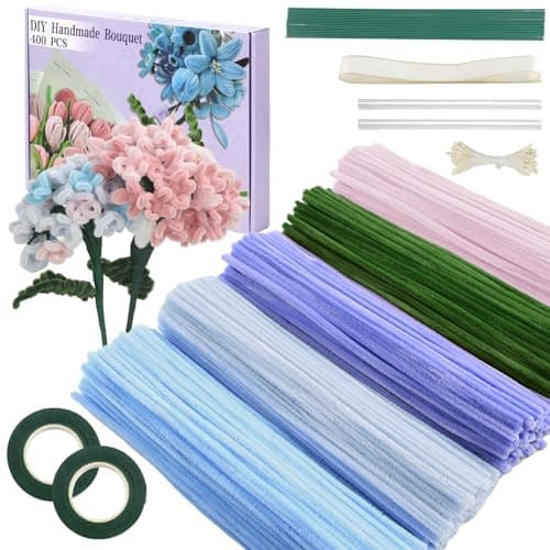 Sett med 400 piperensebånd, chenilletråd og tulipanblomsterensebånd - 4 farger - Inkluderer 2 ruller blomstertape og 20 blomsterstengler