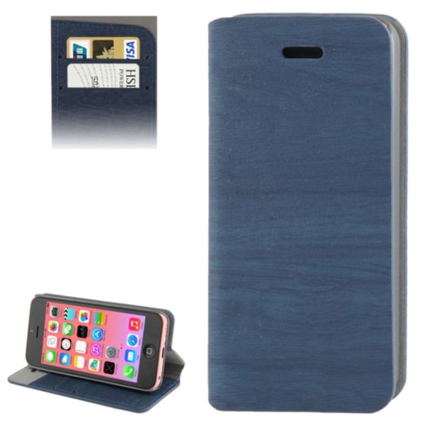 Iphone 5c Plånboksfodral Läder Trämönster (mörkblå)