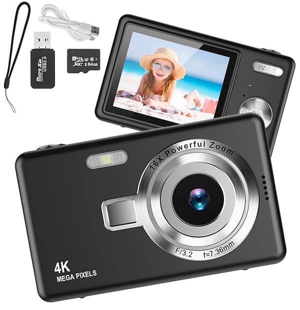 Digitalkamera 48 MP, 1080p FHD, 16x zoom, 64GB hukommelseskort