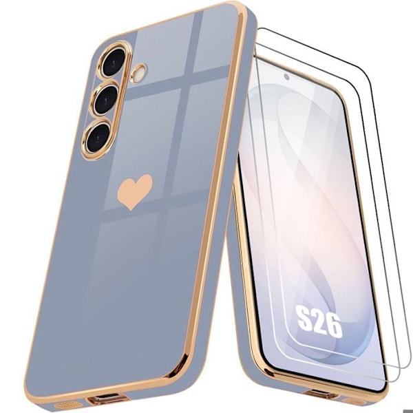 Booling Siliconfodral - För Samsung Galaxy S26 - Mjuk Hjärtmotiv - Blå - 2 Härdade Glas Gyllene