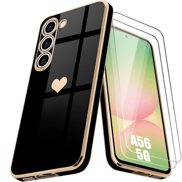 Booling Skyddsskal - För Samsung Galaxy A56 5G - Stötsäkert - Ultra Slim - Hjärtmotiv - Med 2 Härdade Glas Svart