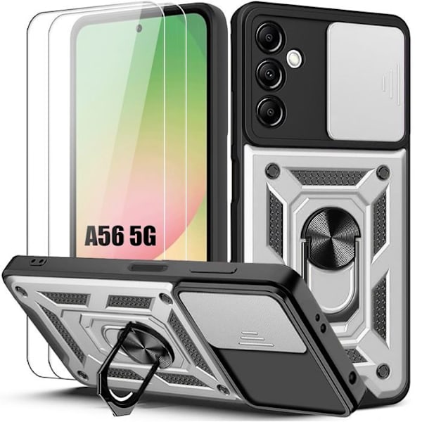 Booling Telefonfodral - För Samsung Galaxy A56 5G - Stötabsorberande - Repbeständig - Med 2 Härdade Glas Silver