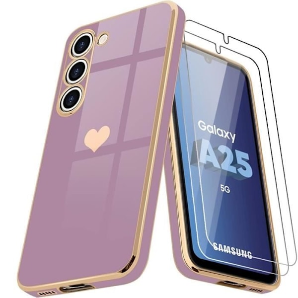 Booling Skyddsfodral - För Samsung Galaxy A25 5G - Silikon - Hjärtmotiv - Stötsäker + 2 Härdade Glas Lila