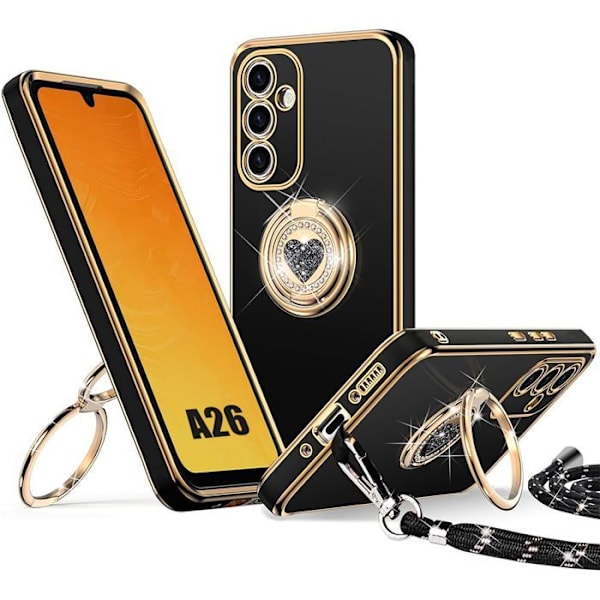 Booling Skyddsskal - För Samsung Galaxy A26 5G - Slim Silikon - Med Stödkabel - Hjärtmotiv Svart