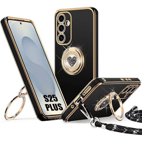 Booling Skyddsskal - För Samsung Galaxy S25 Plus - Hjärtmönster - Stöd Med Ring Svart