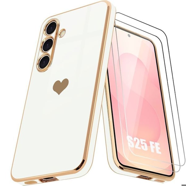 Booling Skyddsskal - För Samsung Galaxy S25 Fe - Silikon Med Hjärtmotiv - 2 Härdat Glas Vit