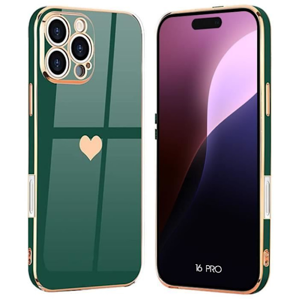 Booling Skyddshuvud - För Iphone 16 Pro - Mjuk - Mönster Hjärta - Nattgrön Guld