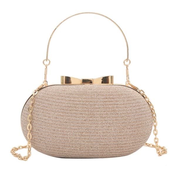 Oval Form Glitter PU Læder Aftentaske Håndtaske med Topgreb og Crossbody Kæde Bryllupsfest Lille Rund Håndtaske Guld Guld