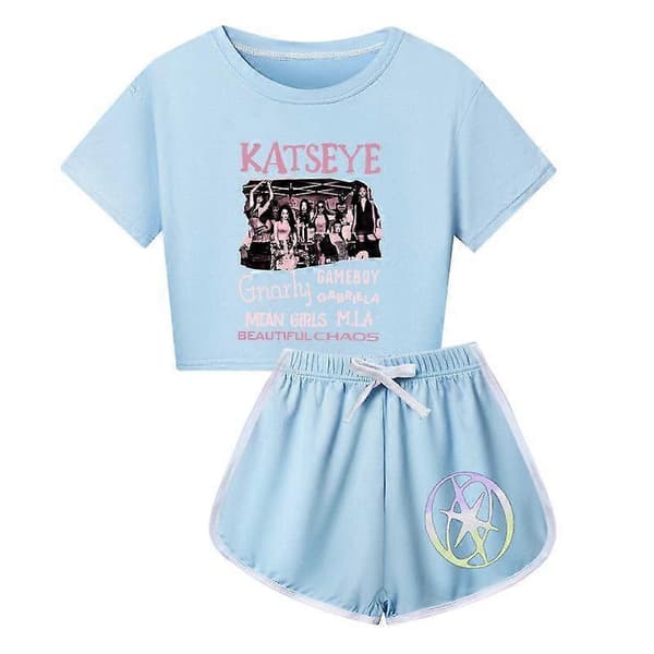 2026KATSEYE Beautiful Chaos Jenter Treningsdress Antrekk Crop Top T-skjorte+Shorts Pyjamas[TT]