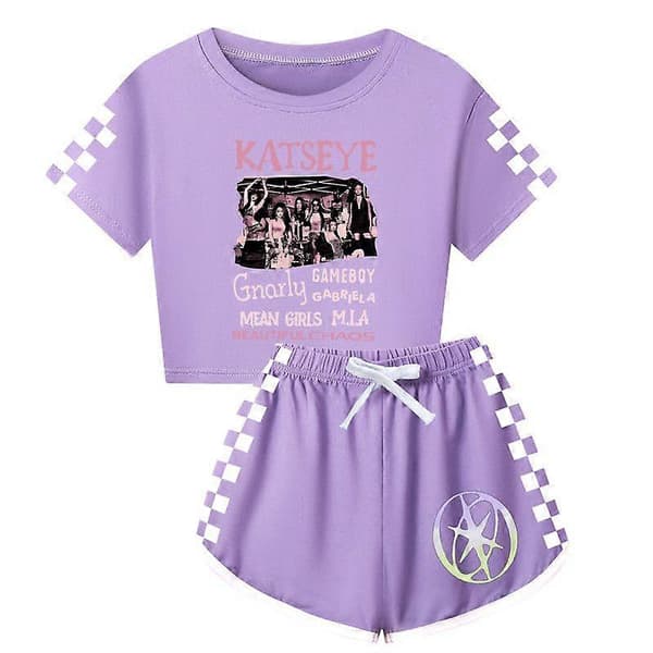 2026KATSEYE Beautiful Chaos Piger Træningsdragt Sæt Crop Top T-shirt+Shorts Pyjamas[TT]