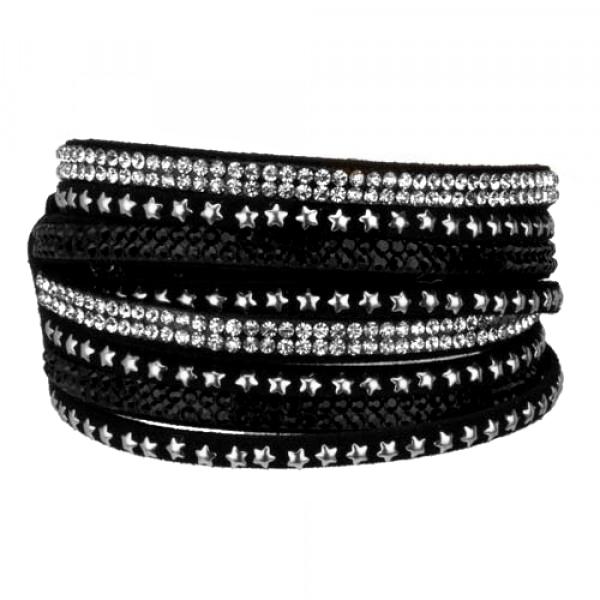 Wrap Läderarmband/Läder Armband med Strass / Rhinestones - Svart Svart