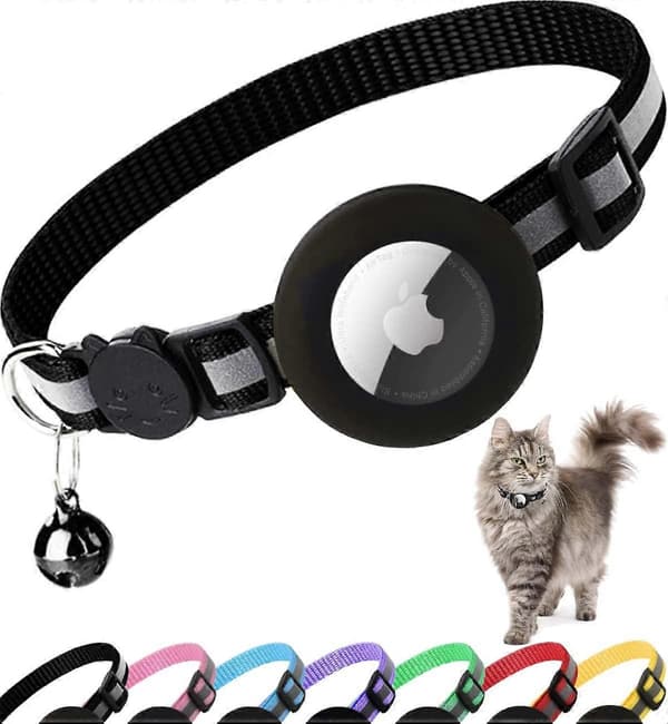 Airtag Kattehalsbånd med Sikkerhetsspenne, Reflekterende Kittehalsbånd med Apple Air Tag Holder og Bjelle for Jente- og Guttekatter, 1 cm Bredt og