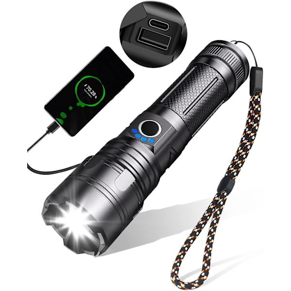 Ultraljusstark LED-ficklampa, 10000 lumen uppladdningsbar ficklampa, taktisk ficklampa, 5 USB-ficklampslägen, IPX5 vattentät, zoombar stöttålig