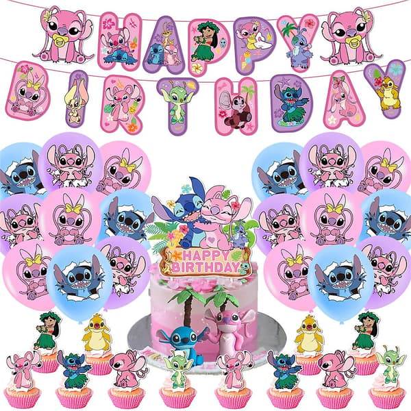 Lilo & Stitch -teeman syntymäpäiväjuhlatarvikkeet Ilmapallot Banner Kakkukoristeet Koriste Db