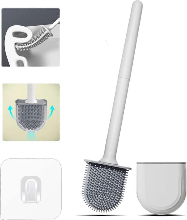 Silikone Toiletbørste med Selvklæbende Holder Vægmonteret Toiletbørste Sikker til Væg med Luftventiler og Toiletbørste til Badeværelse, Toilet [DB]