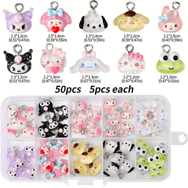 50 stk. Sanrio for hello kitty & Friends 3D-anheng i resin - Søte tegneseriefiguranheng for DIY-smykkefremstilling, bedårende for kuromi, Melody [DB]