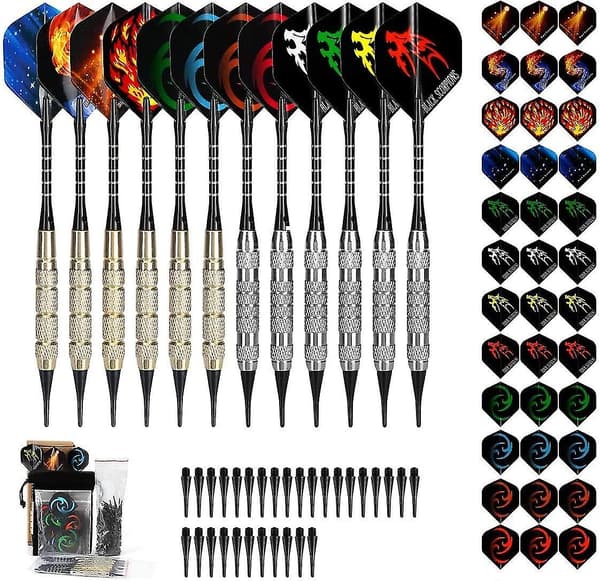 Plastspiss Dart, 18g Soft Tip Dartsett for elektronisk darttavle, 12 dartpiler med 36 flights og 100 spisser, 20 gummi O-ringer
