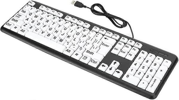 Tastatur til Ældre, 104 Taster Lavsyns Tastatur Stort Bogstav Tastatur USB Ledningsført Ældre Tastatur med Hvide Overdimensionerede Trykte Taster til 