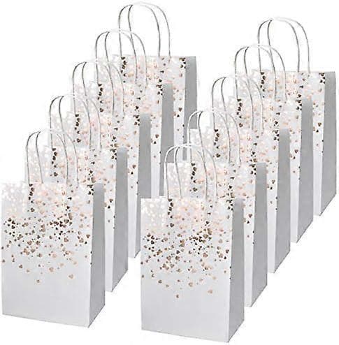 12-pakning gaveposer i kraftpapir, papirposer med håndtak, bronsefarget kraftpose med gullhjerte dekorasjon, gavepapirposer (hvit)[D]