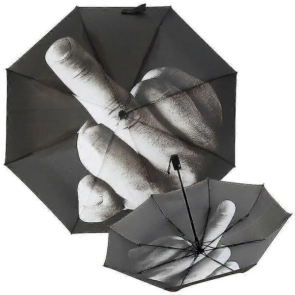 100% Helt Ny Cool Midtfinger Op Tre-Foldesolskærm Anti-Sol Regn Vindtæt Parasol