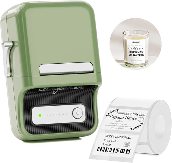 B21, 50 mm Bluetooth termisk etikettskrivare, inget bläck behövs för iOS- och Android-telefoner, kontor, med 1 rulle vitt papper Grön