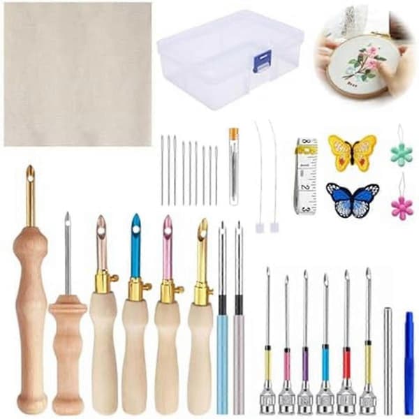 35 stk. Punch Needle Kit, Punch Needle Verktøy Justerbar Punch Needle Broderisett for Brodering Floss Søm Nybegynner